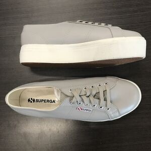Superga Gray Leather Casual Lace Up White Soles Platform Sneaker Shoes Women 10